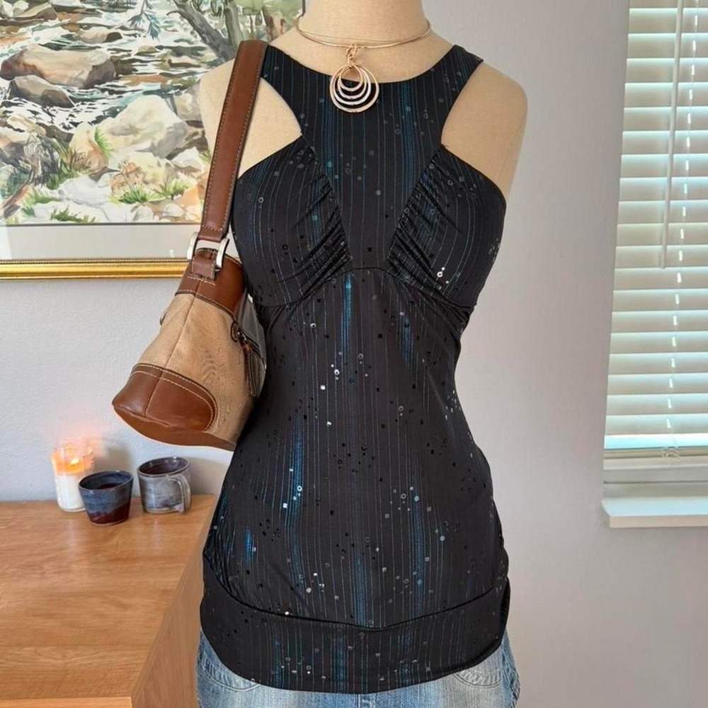 Vintage Charlotte Russe Y2K Sequin Halter Top Blue Stripe Bodycon Going Out M